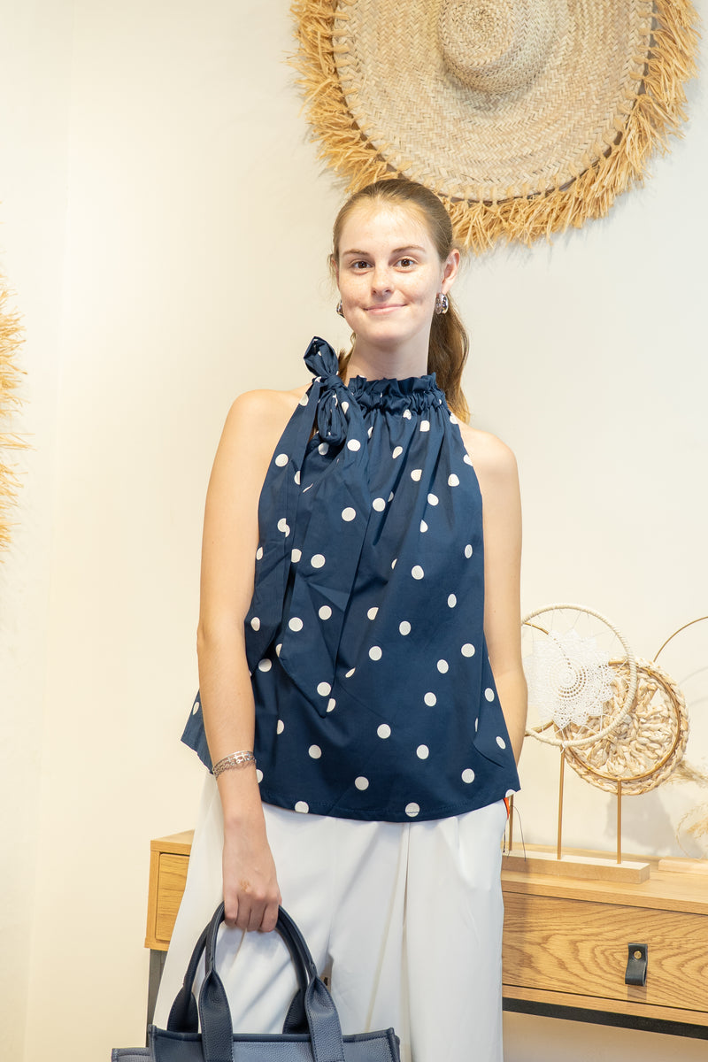 Top “Luna Pois” – Épaules Nouées Marine