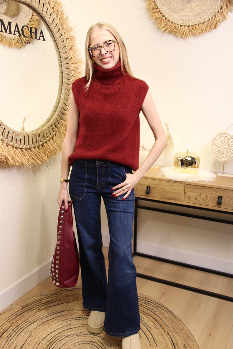 Pull sans manches Lidia – Col Roulé Bordeaux