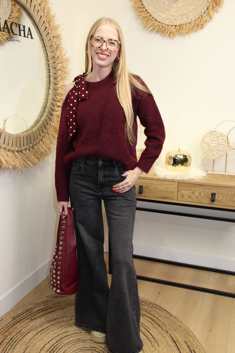Pull Noémie – Épaule Nouée Bordeaux à Pois